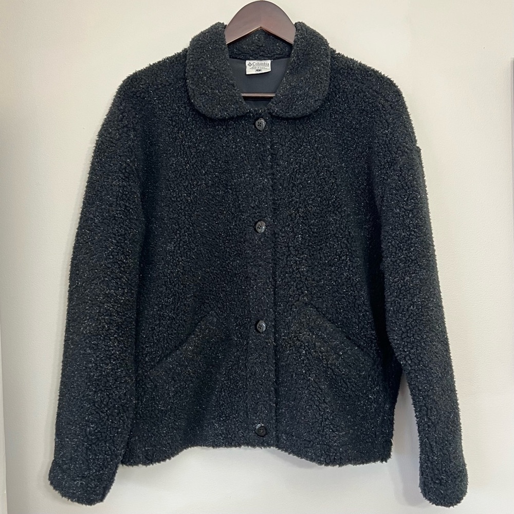 Vintage Columbia Black Sherpa Fleece Jacket Women’s Large Speckled 90s USA Made